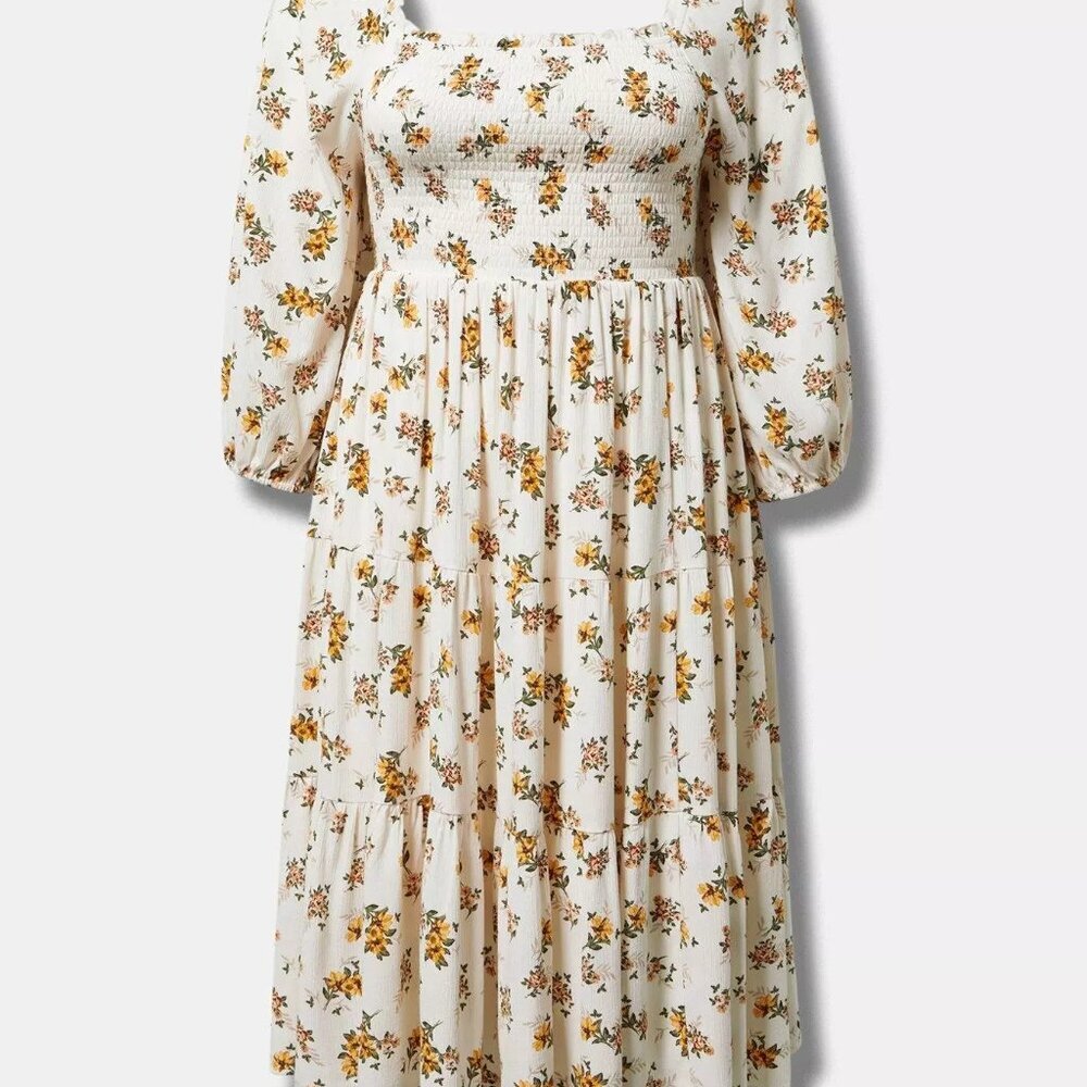 torrid Cream Floral Smocked Midi Dress